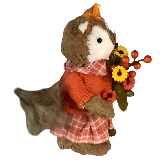 Rustic Woodland Fox Figurine Decor Plaid Dress Fall Flowers 9” Faux Fur Tail NEW - Picture 5 of 6